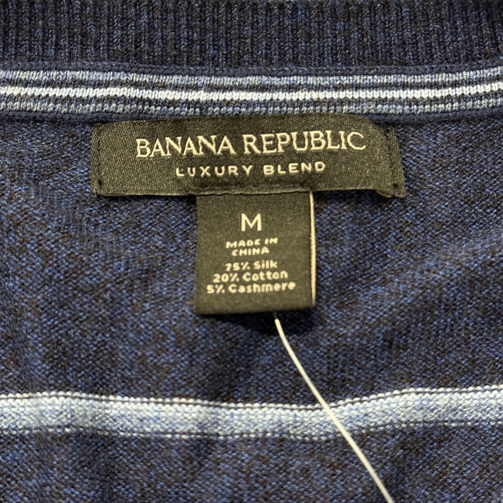 Banana Republic Silk Cotton Cashmere Striped Sweater Navy Blue Mens Medium New - Picture 3 of 11